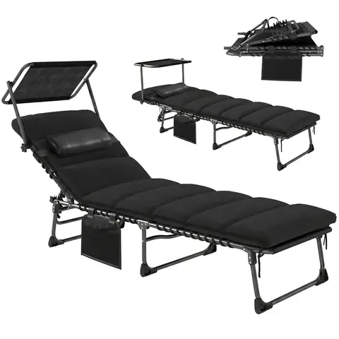 Outsunny Folding Sun Lounger with Canopy, 5-Position Reclining Garden Lounger, Side Pocket, Headrest, Cushion, Portable Recli