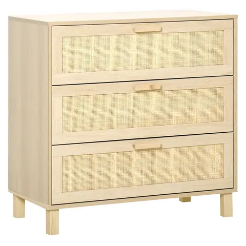 HOMCOM Rattan Bedroom Chest of Drawers, 3 Drawers Storage Unit, Boho Dresser for Living Room, Hallway Natural wood finish
