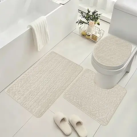 Bathroom Rugs Set 3 Piece, Plush Absorbent Bath Mats for Bathroom, 
Non Slip Machine Washable Bath Mat Set with 38*44cmToilet Cover, 50*40cm U-Shaped Contour Toilet Rug，50*80cmBathroom Rugs，beige