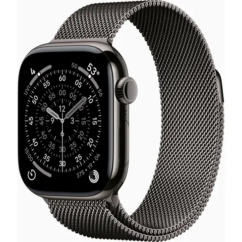 Apple Watch Series 11 GPS + Mobiel 46 mm leigrijze titanium kast met leigrijze Milanese band - M/L