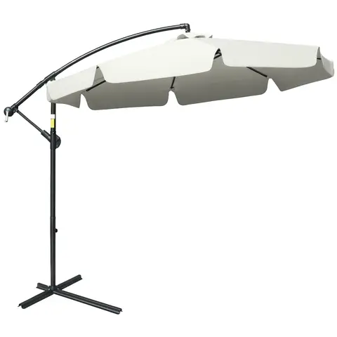 Outsunny 2.7m Garden Banana Parasol Cantilever Umbrella with Crank Handle and Cross Base for Outdoor, Cream White