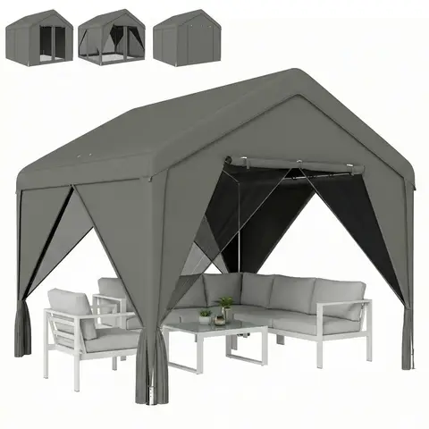 Outsunny 3 x 3 m Patio Gazebo, Outdoor Gazebo Canopy Shelter with Netting and Curtains, Pitched Roof, Galvanised Steel Metal Frame for Garden, Lawn, Backyard, Deck, Dark Grey