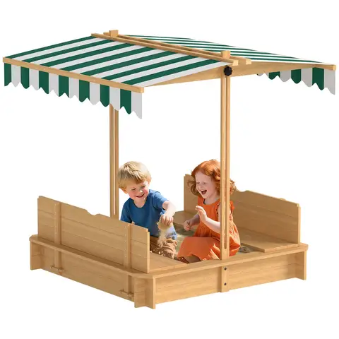 Outsunny Kids Wooden Sand Pit with Lids, Children Sandbox Height Adjustable Canopy for Garden, Convertible Bench Outdoor Garden Playset, Green and White Canopy