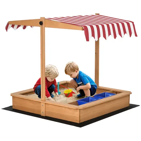 Outsunny Sand Pit Kids Wooden Sandbox with Cover Children Sandpit Play Station Height Adjustable with Canopy, Bottom Liner, Plastic Basins for Outdoor Aged 3-7 Years