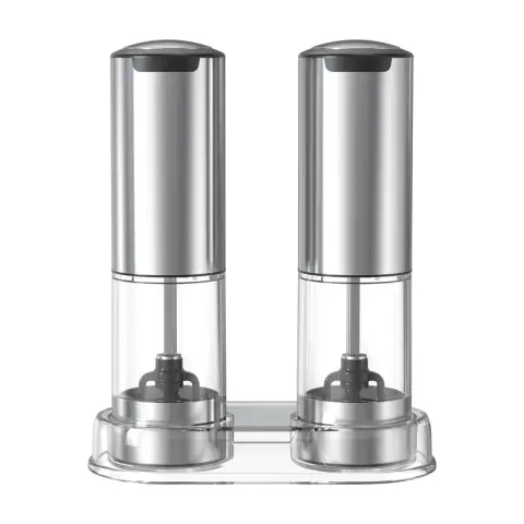 CUISYNC Stainless Steel Electric Grinder Set - Adjustable Coarseness with Storage Base Transparent Hopper Rechargeable 2-Pack Silver KYMQ-37A-H-BS