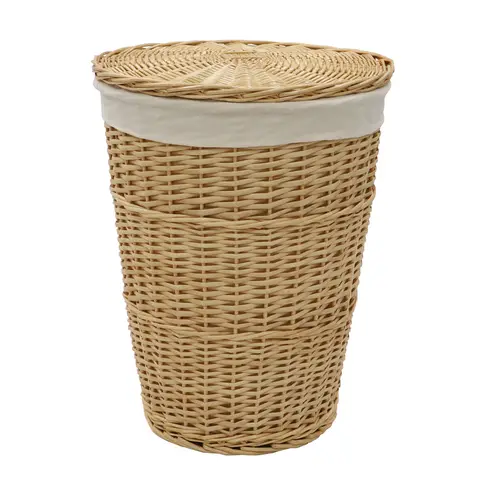 JVL Acacia Round Willow Laundry Basket with Lid - Honey Finish