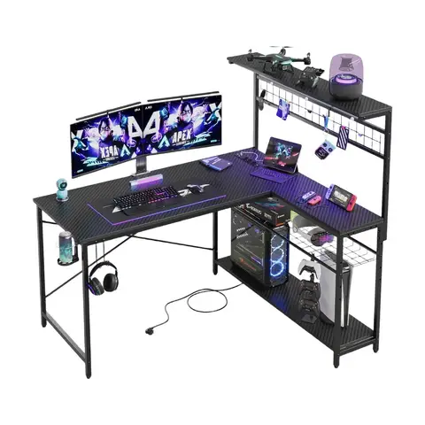 Bestier Gaming Desk 130 cm L förmig Reversibler Eckschreibtisch mit Steckdosen LED-Lichtern 4 Regalböden Haken & Becherhalter Ideal für Home Office und Gaming