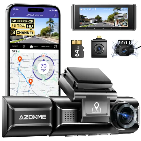 AZDOME M550 MAX 4K Dashcam Car 4K+ 1080P+ 2.5K Front Rear Interior with Dual STARVIS, 64GB SD Card, WiFi, GPS, Super Night Vision