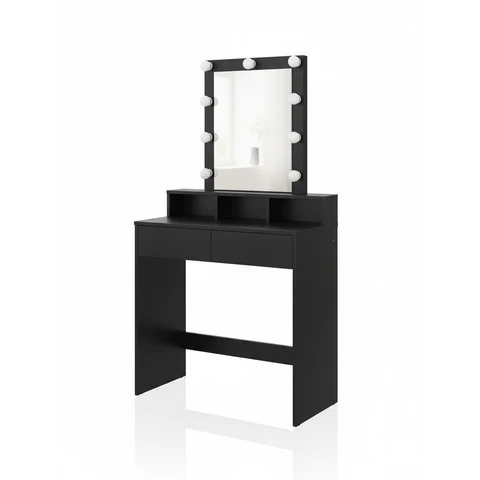 VASAGLE Schminktisch mit LED-Beleuchtung, verstellbarer Helligkeit, Spiegel, 2 Schubladen & 3 offenen Fächern, modern, Schwarz