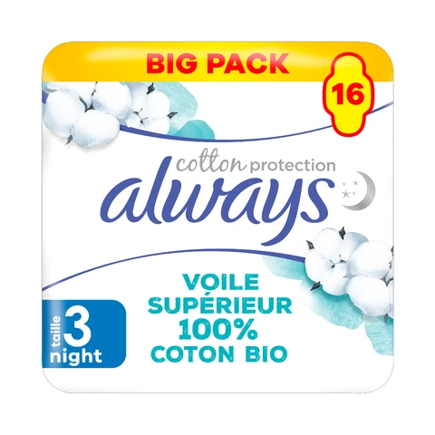 ALWAYS Cotton Protection - Serviettes Hygiéniques Nuit Bigpack - Lot de 16 serviettes