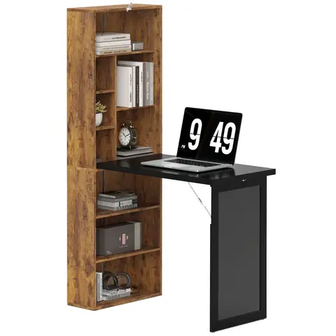 HOMCOM Wall Mounted Computer Desk, Space Saving Folding Study Table with Black Board, Bookshelf, Floating Writing Desk Rustic
