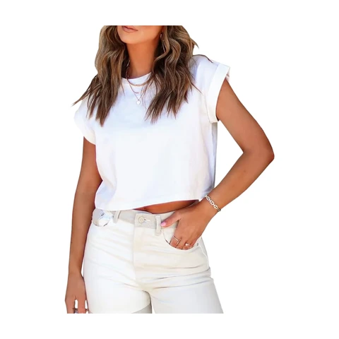 Women's Short Sleeve Cropped T-Shirts Summer Rolled Dolman Sleeve Crop Tops Casual Round Neck Solid Short Basic Tees (white, M)