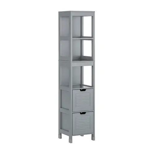 SoBuy Badezimmerschrank Hochschrank Badezimmer Badschrank schmal mit 3 offenen Fächern und 2 Körben Badregal Schmal 30cm Breit Badmöbel Grau für Badezimmer, kleine Räume 30x30x144cm