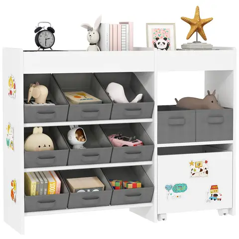 AIYAPLAY Kids Toy Storage Unit, Children Toy Box Organiser with 11 Fabric Bins, Cabinet, Top Shelves, 3 Stickers, Kids Storage Unit Bookshelf for Nursery, Playroom, Kindergarten, White