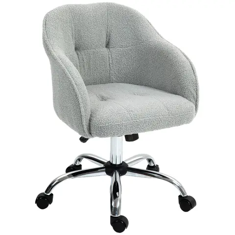 HOMCOM Vanity Swivel Chair, Teddy Fleece Office Desk Chair with Adjustable Height for Home, Study, Bedroom, Makeup, Grey
