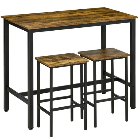 HOMCOM Bar Table & 2 Stools Industrial Rustic Brown/Black