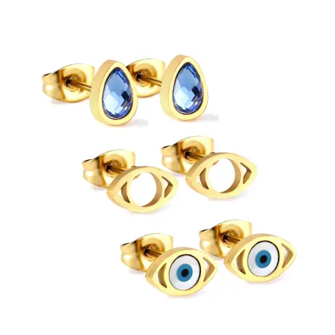 Three Pairs Blue Eyeball Pear Diamonte and Eye Shape 18K Gold Plated Studs