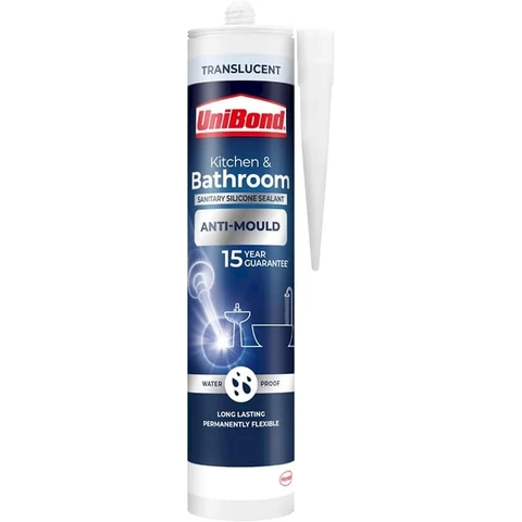 Unibond Sanitary Silicone Sealant Kitchen & Bathroom Anti-Mould Cartridge Translucent 274g