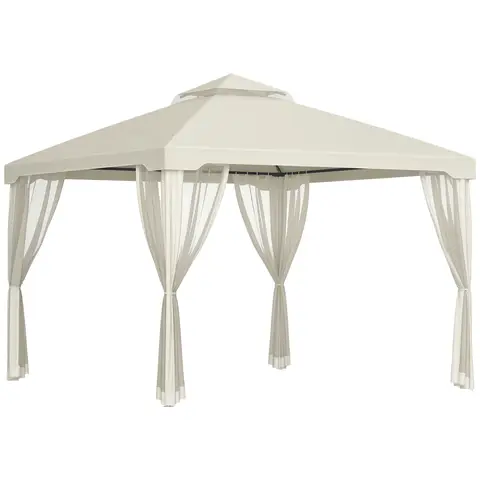 Outsunny 3 x 3 m Metal Gazebo, Garden Pavillion, Double Roof Outdoor Canopy Shelter with Mesh Sidewalls, Cream White