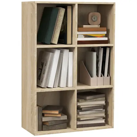 HOMCOM 3 Tier Bookshelf, Modern Cube Bookcase with 6 Open Storage Compartments, Freestanding Display Storage Unit Oak Tone