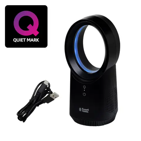 Russell Hobbs Compact Wireless Bladeless Desk Fan, 3 Speed Settings, USB Charging, Bladeless Design, RHBLDLUSB25B, Black