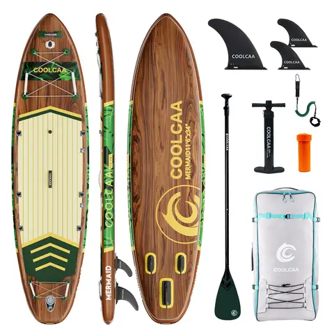 COOLCAA Mermaid Series Inflatable Stand Up Paddle Board 11'6" Set with Fiberglass Paddle (Wood Grain & Green Leaf)
