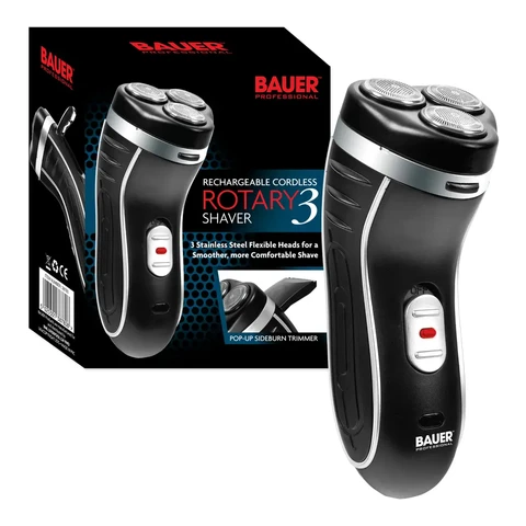 Bauer 3-Head Rotary Shaver – Triple Stainless Steel Rotary Heads, Cordless Rechargeable, Washable Head – Black, 38780