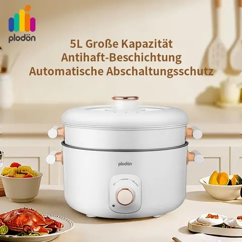 Plodon 1200W 5L Multifunktionaler elektrischer Hot Pot mit Dampfgarer Antihaft-Kochtopf Slow Cooker mit dualem Leistungsregler zum Schmoren, Dämpfen, Hot Pot, Braten & Köcheln Schnelles Aufkochen