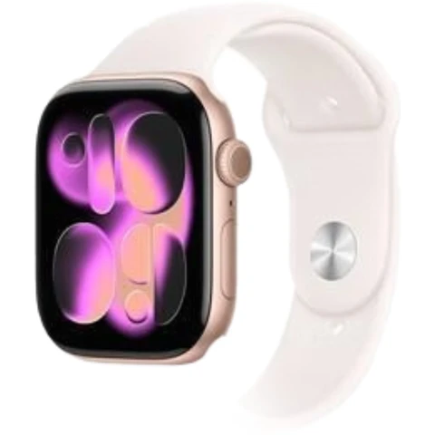 Apple Apple Watch Series 11 avec GPS, boîtier en aluminium or rose 46 mm et bracelet sport rose tendre - Taille S/M
