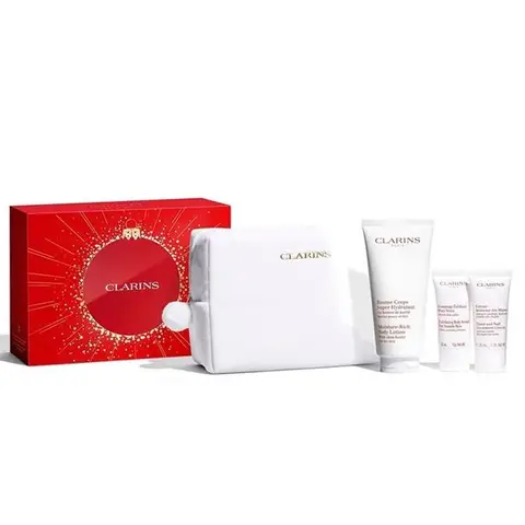 CLARINS Coffret Cocooning Baume corps super hydratant 200 ml + Crème mains 30 ml + Gommage