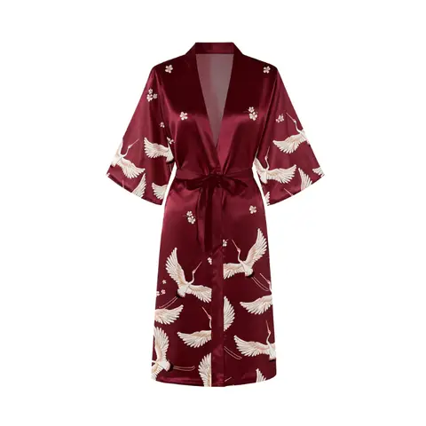 IZURIA silk-like printed wine red robe  S