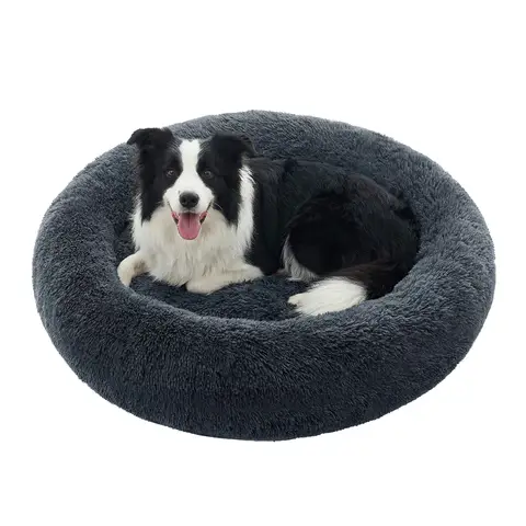 SONGMICS Fluffy Dog Bed, Cat Bed, Doughnut Cushion, Washable, Removable Padding in the Middle, Long Plush, 100 cm Diameter, Dark Grey