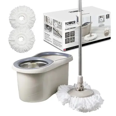 Tower Classic Spin Mop with Stainless Steel Wringer and Collapsible Handle, Latte
