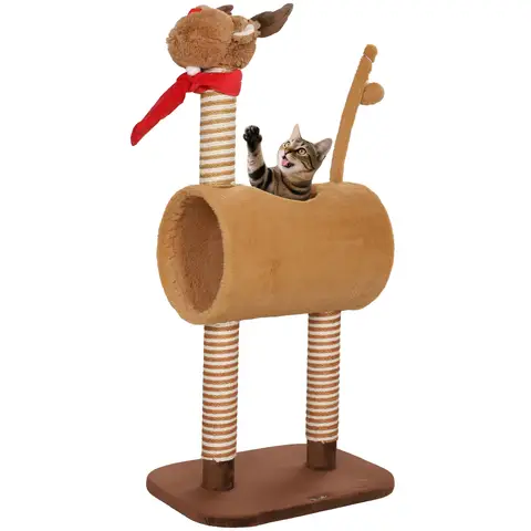 PawHut Cat Tree, 98cm Deer-Designed Cat Tower for Indoor Cats, Kittens, with Scratching Posts, Toy Ball, Tunnel, Brown
