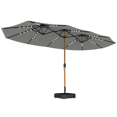 Outsunny 4.6m Garden Parasol Double Sided Umbrella with Base Included, 48 Solar LED Lights Patio Umbrella with Cover, Crank Handle, 12 Ribs, UV Protection, Light Grey
