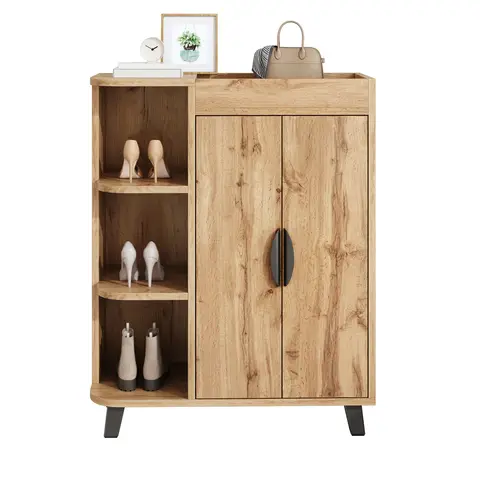 Niedriger Schuhschrank mit zwei Türen und offener Ablage, Kiefernholz und MDF, weiß, 189 × 40 × 34,5 cm | Sitzbänke mit Stauraum