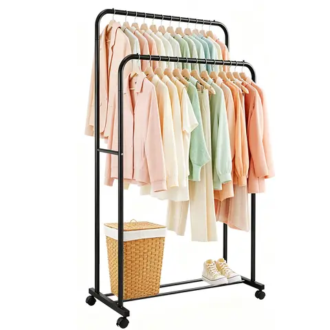 Kleiderbügel mit Rollen – schwarzer Kohlenstoffstahl, mit 2 Aufhängestangen, geeignet für Schlafzimmer, Waschküchen und kleine Wohnungen, Maße: 80 x 48 x 150 cm