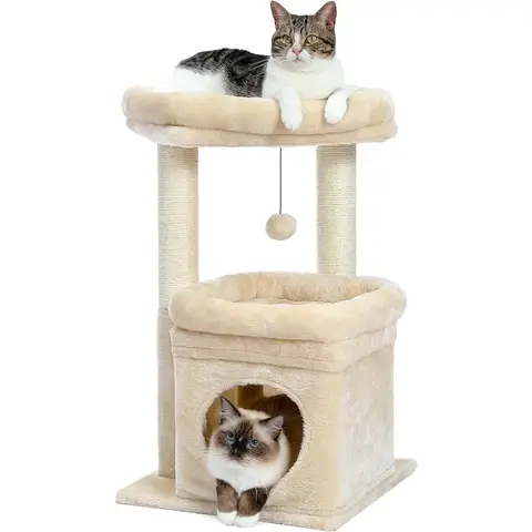 PAWZ Road Kleine Katzenstange, Mehrstock-Katzenturm mit sisalummanteltem Kratzpfahl, bequemem Katzenhaus und großem Sitzplatz für Hauskatzen, Beige