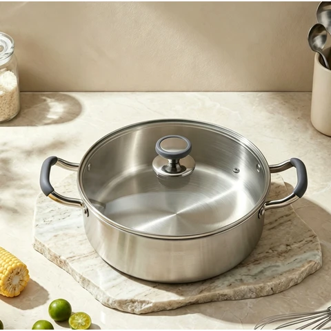 PURECOOK 304 Hot Pot Series | 304 Double | Bottom Hot Pot with Heat | Resistant Handle for Plain Broth