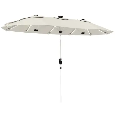Outsunny 3 m Double-Sided Garden Parasol with LED Solar Lights, Outdoor Extra Large Sun Umbrella with UPF30+ Protection, Crank Handle, 12 Ribs, Patio Market Sun Shade, Cream White