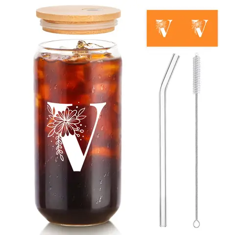 Alphynix 1pc Modern Glass Cup, 500ml Tall Iced Coffee Glass with Monogram "V" Design, Bamboo Lid & Straw, Cold Drink Tumbler for Iced Tea, Juice, Boba