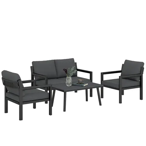 Outsunny 4 Seater Rattan Garden Furniture Set with 2 Armchairs, Loveseat, Coffee Table, Garden Sofa Set with Cushions, Outdoor Furniture Conversation Sets for Patio, Dark Grey