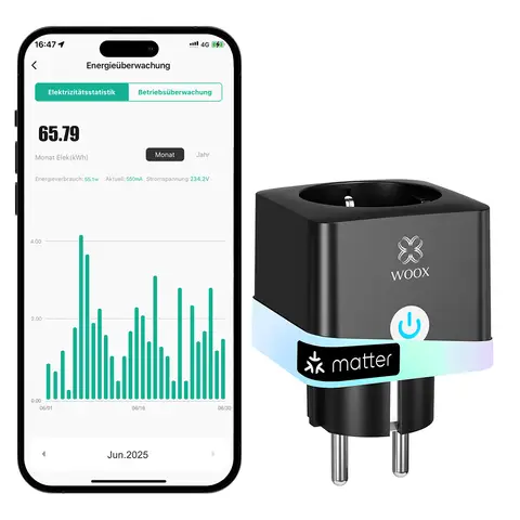 Woox Smart-Steckdose mit matter Oberfläche über WLAN, zur Integration herkömmlicher Geräte ins Smart Home, kompatibel mit Alexa, Google & Apple, misst und spart Stromverbrauch