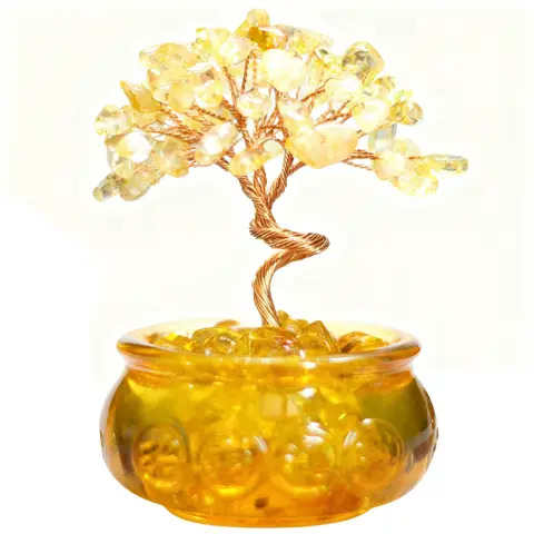 JU7CER  1PC Citrine Tree with Treasure Bowl Teacup - Natural Crystal Chip Money Tree Decoration, Suitable for Office, Home & Wedding Decor, Christmas Must-Have