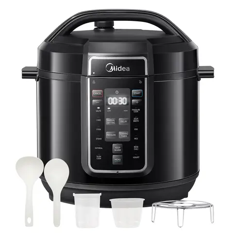 Midea 9-in-1 Schnellkochtopf elektrisch, 12 voreingestellte Programme, Instant Edelstahl-Multikocher mit Antihaft-Topf, Joghurtbereiter, Reiskocher, Slow Cooker, Anbraten, Dampfgarer, 7,6L, Schwarz