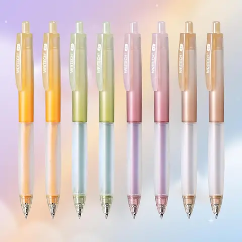 Stylos à encre gélatineuse rétractables WRITECH : Baril de couleur dégradée esthétique, point fin de 0.5 mm, encre noire, prise en main moelleuse, 8 pièces pour le journal intime, la prise de notes, le croquis, sans transparence.