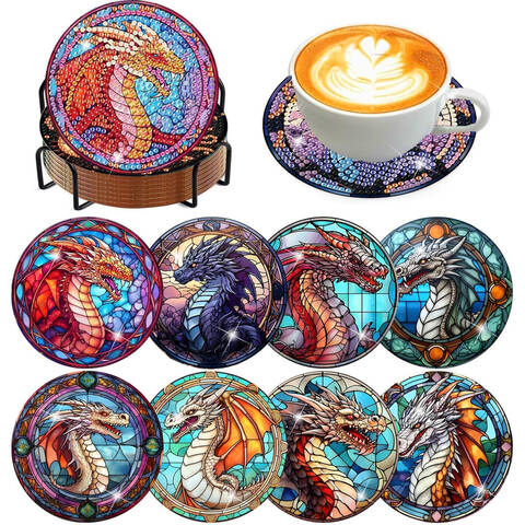 JU7CER 8-Piece Diamond Painting Coaster Set with Stand - DIY Tree of Life Dragon | Adult Beginner Full Round Drill Craft 4×4 Inches (10×10cm)