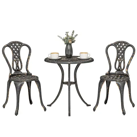 Outsunny 3 Pieces Outdoor Bistro Set, Cast Aluminium Patio Furniture, Garden Bistro Set for 2 with Umbrella Hole and 2 Chairs, for Patio, Balcony, Bronze Tone
