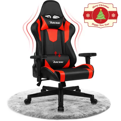 Gaming Chair, Ergonomic Office Chair with Adjustable Lumbar Cushion, Headrest and Armrests, Upholstered Gaming Chair, Gamer Chair with Rocking Function, Gaming Chair with 150 kg Load Capacity, Red