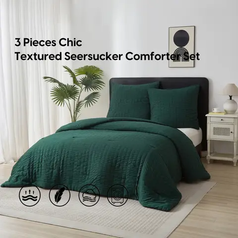 MEEALLHOME Parure de lit texturée Seersucker vert foncé - 1 housse 140 x 200 cm et 1 taie 65 x 65 cm